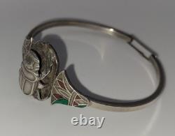 Bracelet Jonc Ancien Argent Massif Scarabée Émaillé Style Égyptien #J5