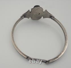 Bracelet Jonc Ancien Argent Massif Scarabée Émaillé Style Égyptien #J5