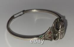 Bracelet Jonc Ancien Argent Massif Scarabée Émaillé Style Égyptien #J5