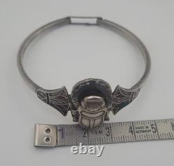 Bracelet Jonc Ancien Argent Massif Scarabée Émaillé Style Égyptien #J5