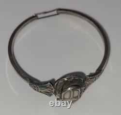 Bracelet Jonc Ancien Argent Massif Scarabée Émaillé Style Égyptien #J5