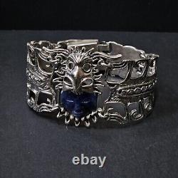 Bracelet Manchette Ancien Argent Sodalite Bleu L19cm Tête Dieu Aztèque Sculptée
