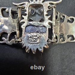 Bracelet Manchette Ancien Argent Sodalite Bleu L19cm Tête Dieu Aztèque Sculptée