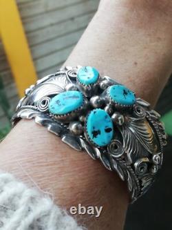 Bracelet ancien en argent Massif Silver 925 Turquoises Navaro Créateur Signé