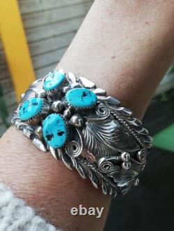 Bracelet ancien en argent Massif Silver 925 Turquoises Navaro Créateur Signé
