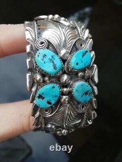 Bracelet ancien en argent Massif Silver 925 Turquoises Navaro Créateur Signé