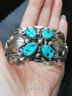 Bracelet ancien en argent Massif Silver 925 Turquoises Navaro Créateur Signé