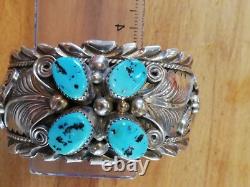 Bracelet ancien en argent Massif Silver 925 Turquoises Navaro Créateur Signé