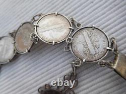 Bracelet ancien en argent massif, 8 pièces 1 dime USA Etats unis B193