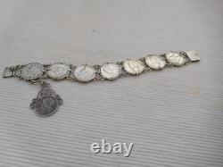 Bracelet ancien en argent massif, 8 pièces 1 dime USA Etats unis B193