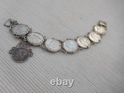Bracelet ancien en argent massif, 8 pièces 1 dime USA Etats unis B193