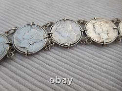 Bracelet ancien en argent massif, 8 pièces 1 dime USA Etats unis B193
