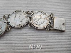 Bracelet ancien en argent massif, 8 pièces 1 dime USA Etats unis B193