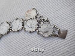 Bracelet ancien en argent massif, 8 pièces 1 dime USA Etats unis B193