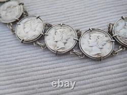 Bracelet ancien en argent massif, 8 pièces 1 dime USA Etats unis B193