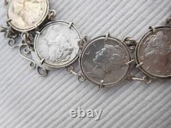 Bracelet ancien en argent massif, 8 pièces 1 dime USA Etats unis B193