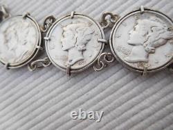 Bracelet ancien en argent massif, 8 pièces 1 dime USA Etats unis B193
