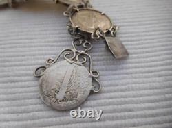 Bracelet ancien en argent massif, 8 pièces 1 dime USA Etats unis B193