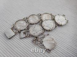Bracelet ancien en argent massif, 8 pièces 1 dime USA Etats unis B193