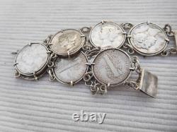 Bracelet ancien en argent massif, 8 pièces 1 dime USA Etats unis B193