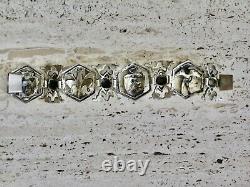 Bracelet argent massif ancien fleur de lys blason lion angelot