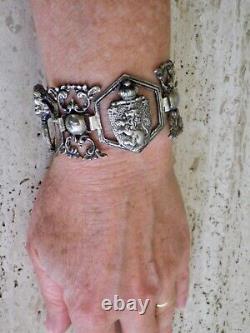 Bracelet argent massif ancien fleur de lys blason lion angelot