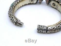 Bracelet jonc vintage ancien en argent massif émaillé tête de chimère signé