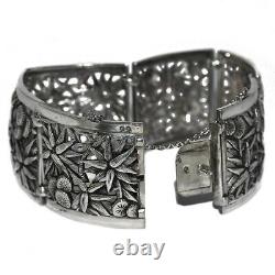 Bracelet manchette ancien en argent massif 925 fleur edelweiss bijou