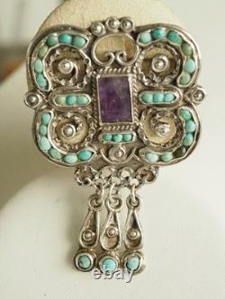 Broche Ancienne Argent Turquoises Matl Ricardo Salas Signed Silver Brooch