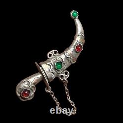 Broche Ancienne Poignard Oriental En Argent Massif & Orné De Pierres & XIX Eme