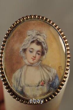 Broche Ancienne Portrait Miniature Signe Argent Massif Antique Silver Brooch