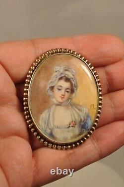 Broche Ancienne Portrait Miniature Signe Argent Massif Antique Silver Brooch