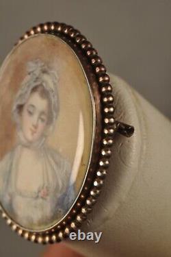 Broche Ancienne Portrait Miniature Signe Argent Massif Antique Silver Brooch