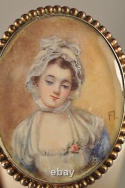Broche Ancienne Portrait Miniature Signe Argent Massif Antique Silver Brooch