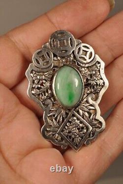 Broche Argent Massif Chinois Jade Ancien Art Deco Silver Chinese Brooch