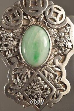 Broche Argent Massif Chinois Jade Ancien Art Deco Silver Chinese Brooch