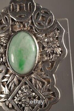 Broche Argent Massif Chinois Jade Ancien Art Deco Silver Chinese Brooch