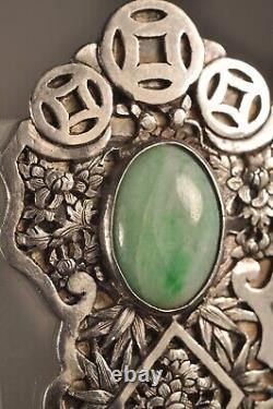 Broche Argent Massif Chinois Jade Ancien Art Deco Silver Chinese Brooch