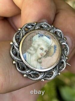 Broche Argent Massif & Miniature Dame De Qualité & Bijou Ancien & Peinture