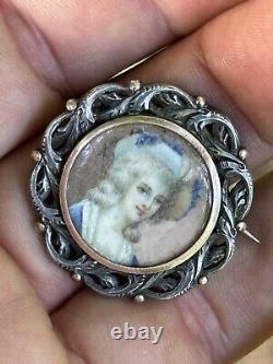 Broche Argent Massif & Miniature Dame De Qualité & Bijou Ancien & Peinture