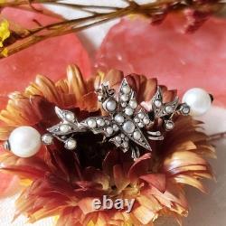 Broche De Col Ancienne Papillon Perles Fines Sur Vermeil Xixe 42x17mm