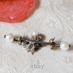 Broche De Col Ancienne Papillon Perles Fines Sur Vermeil Xixe 42x17mm