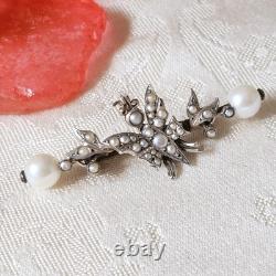 Broche De Col Ancienne Papillon Perles Fines Sur Vermeil Xixe 42x17mm