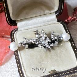 Broche De Col Ancienne Papillon Perles Fines Sur Vermeil Xixe 42x17mm