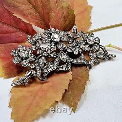 Broche De Style Ancien Agrgent Strass Sur Vermeil Fleurs 72x35mm