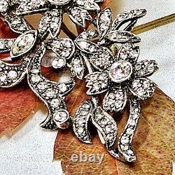 Broche De Style Ancien Agrgent Strass Sur Vermeil Fleurs 72x35mm