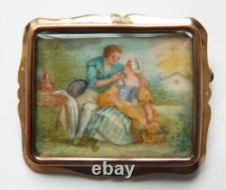Broche en ARGENT massif avec peinture miniature silver painting bijou ancien