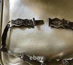 C1930 Ancien Bracelet En Argent Massif Ciselé À La Main, Niellé, A Voir