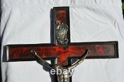 CRUCIFIX ANCIEN ARGENT MASSIF LARGE ANTIQUE HEAD SKULL 17-18th c. FAUX TORTOISE