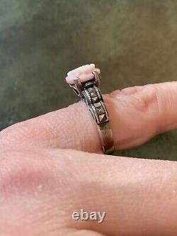 Camee Corail Rose, Marcassites, Argent Massif, Très Belle Bague Ancienne